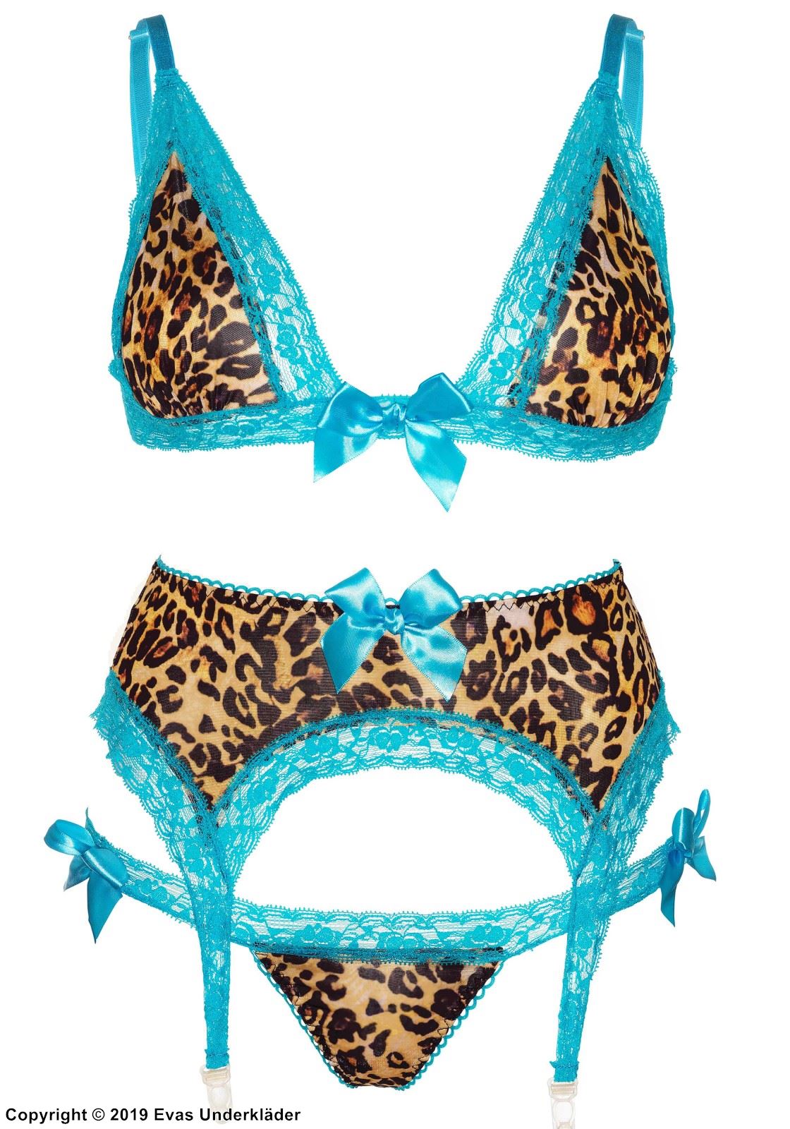 Verspieltes Dessous-Set, Spitzenbesatz, Schleifen, Strumpfgürtel, Leopard